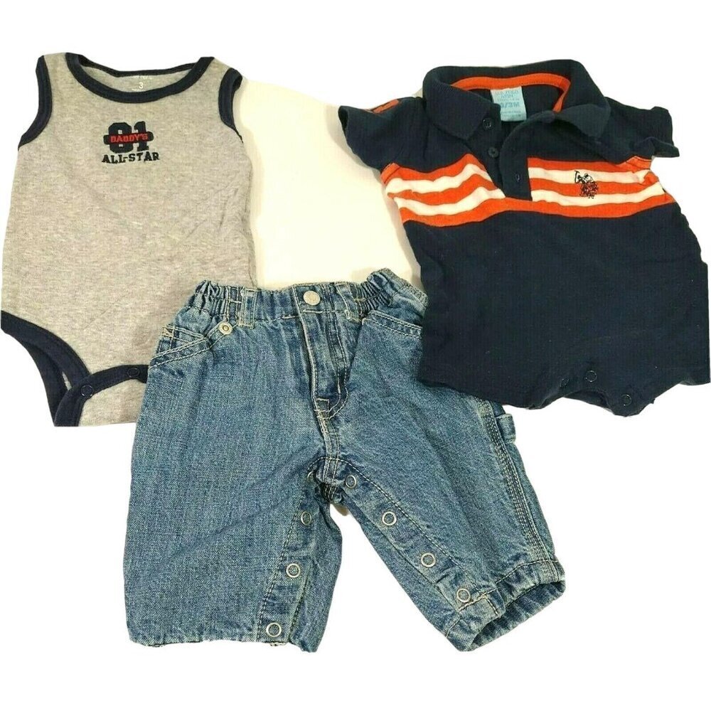 Lot of 3 Set Carters & US Polo One Piece Childrens Place Jeans Boys Size 0-3 Mo